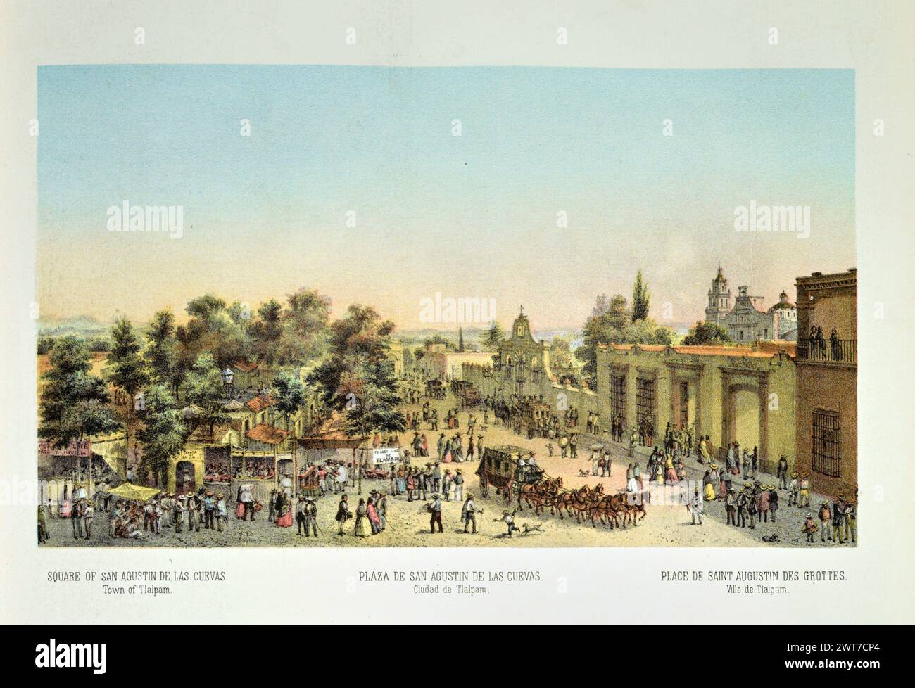 Plaza de San Agustin de Las Cuevas, Ciudad de Tialpam, Messico. Litografia storica d'epoca di Casimiro Castro. intorno agli anni '1870 Foto Stock