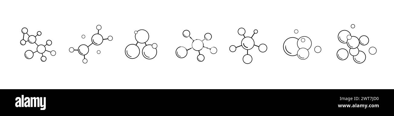 Una raccolta di cinque icone con contorni di molecole e composti atomici su sfondo bianco. Illustrazione Vettoriale