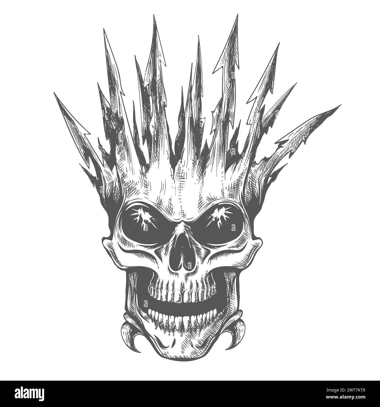 Horror Skull in Sharp Bone Crown Engraving Tattoo isolato su sfondo bianco. Non è stata utilizzata alcuna IA. Illustrazione Vettoriale