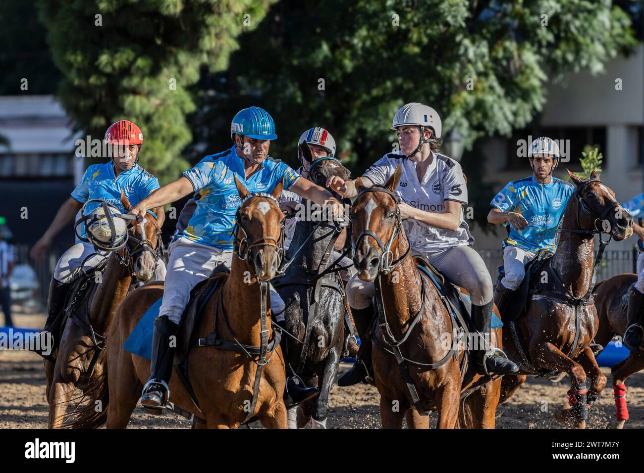 L'argentino Juan Perez di Sierra de los Padres (L) e la francese Charlotte Laguerre del Team Simone (R) visti in azione durante l'Open Horseball Argentina, tenutosi al Regimiento de Granaderos a Caballo. Il torneo internazionale "Open Horseball Argentina" si è giocato al Regimiento de Granaderos a Caballo General San Martín, nella città di Buenos Aires, il 7, 8 e 9 marzo per scopi promozionali. Fu il preludio del Campionato del mondo di Horseball 2025 che si tenne in Argentina. In ogni data sono state giocate tre partite. Le squadre erano composte da giocatori provenienti da diversi paesi. Il Foto Stock