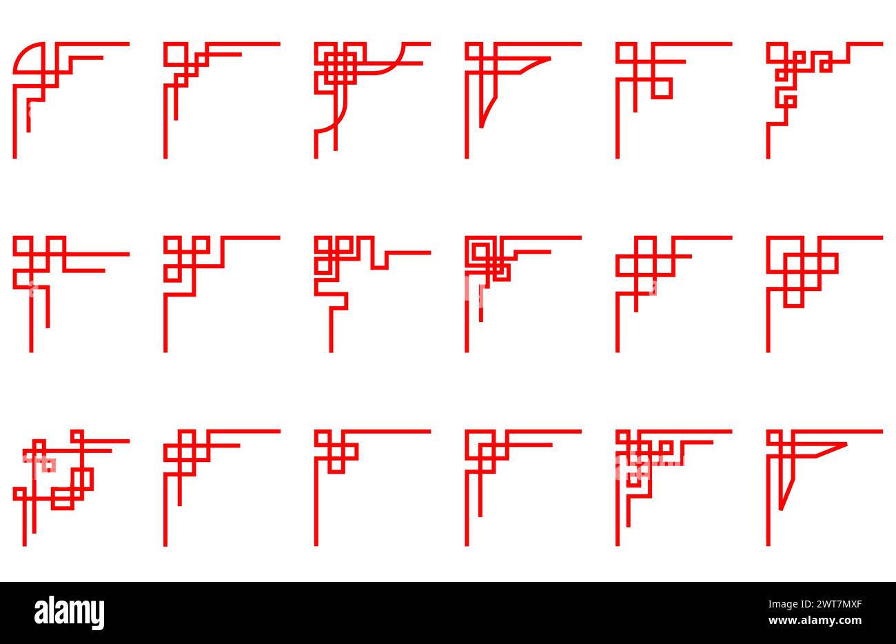 Angoli in stile asiatico, ornamenti e cornici cinesi, elementi e motivi giapponesi rossi, vettore Illustrazione Vettoriale