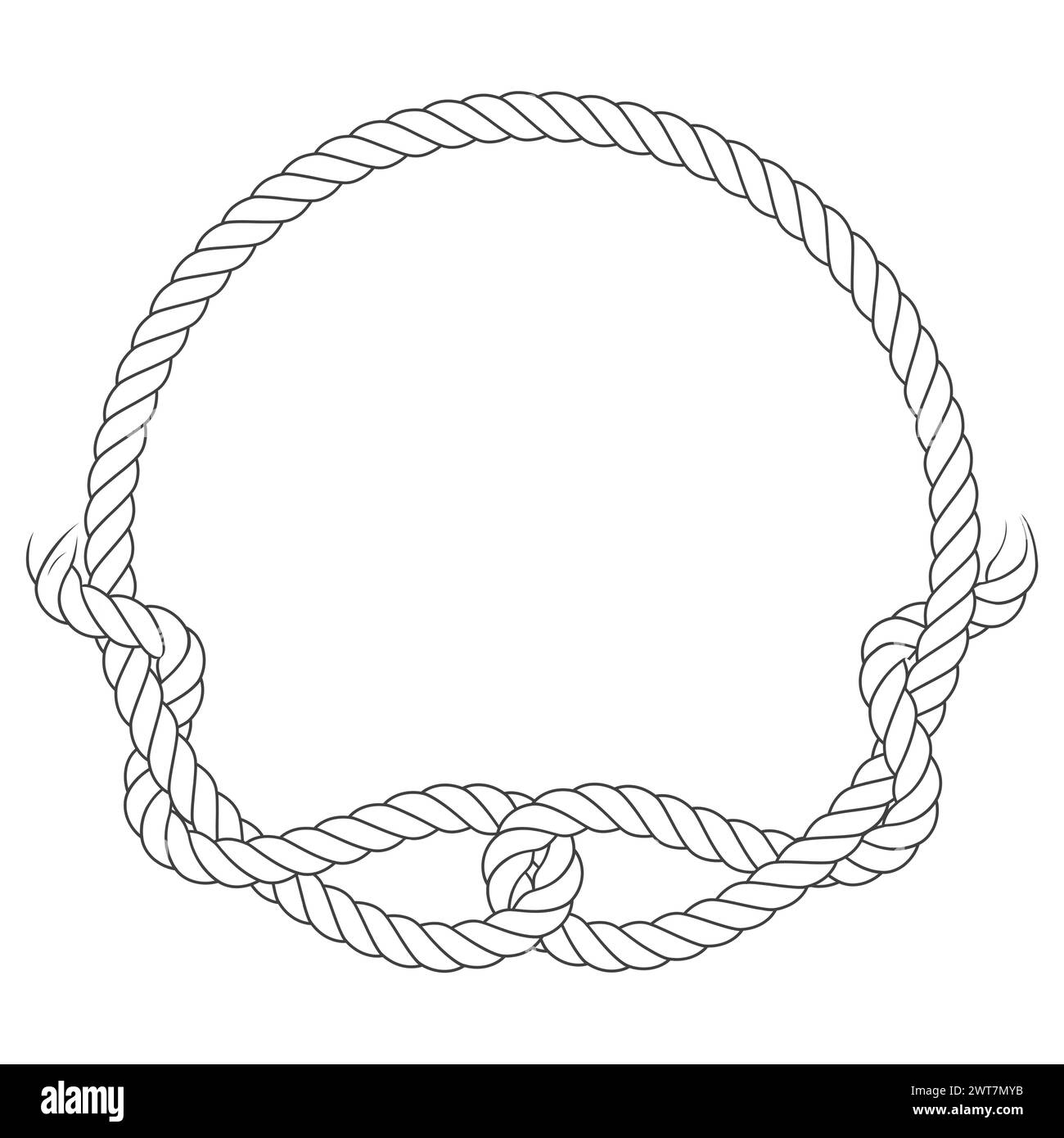 Struttura a fune rotonda con anelli per nodi, cerchio di fune con estremità irregolari, nodo di fisher, vettore Illustrazione Vettoriale