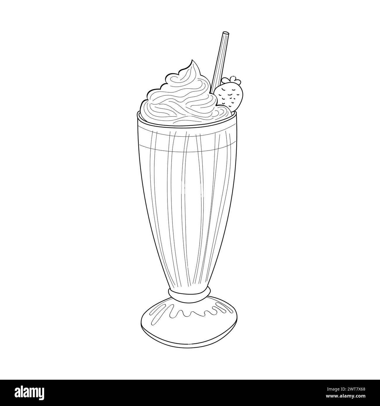 Frullato in vetro trasparente, che mostra la consistenza cremosa e gli strati colorati della bevanda. Il bicchiere è riempito con una miscela di latte e gelato, ricoperto di panna montata e una ciliegia Illustrazione Vettoriale