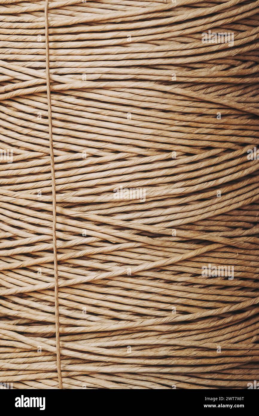 Stelo di filetto di lino beige naturale biodegradabile - primo piano di materiale ruvido Foto Stock