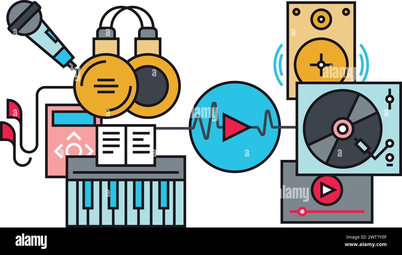 Informazioni sui dispositivi audio. Icona di ascolto dei record musicali Illustrazione Vettoriale Informazioni sui dispositivi audio. Icona di ascolto dei record musicali Illustrazione Vettoriale