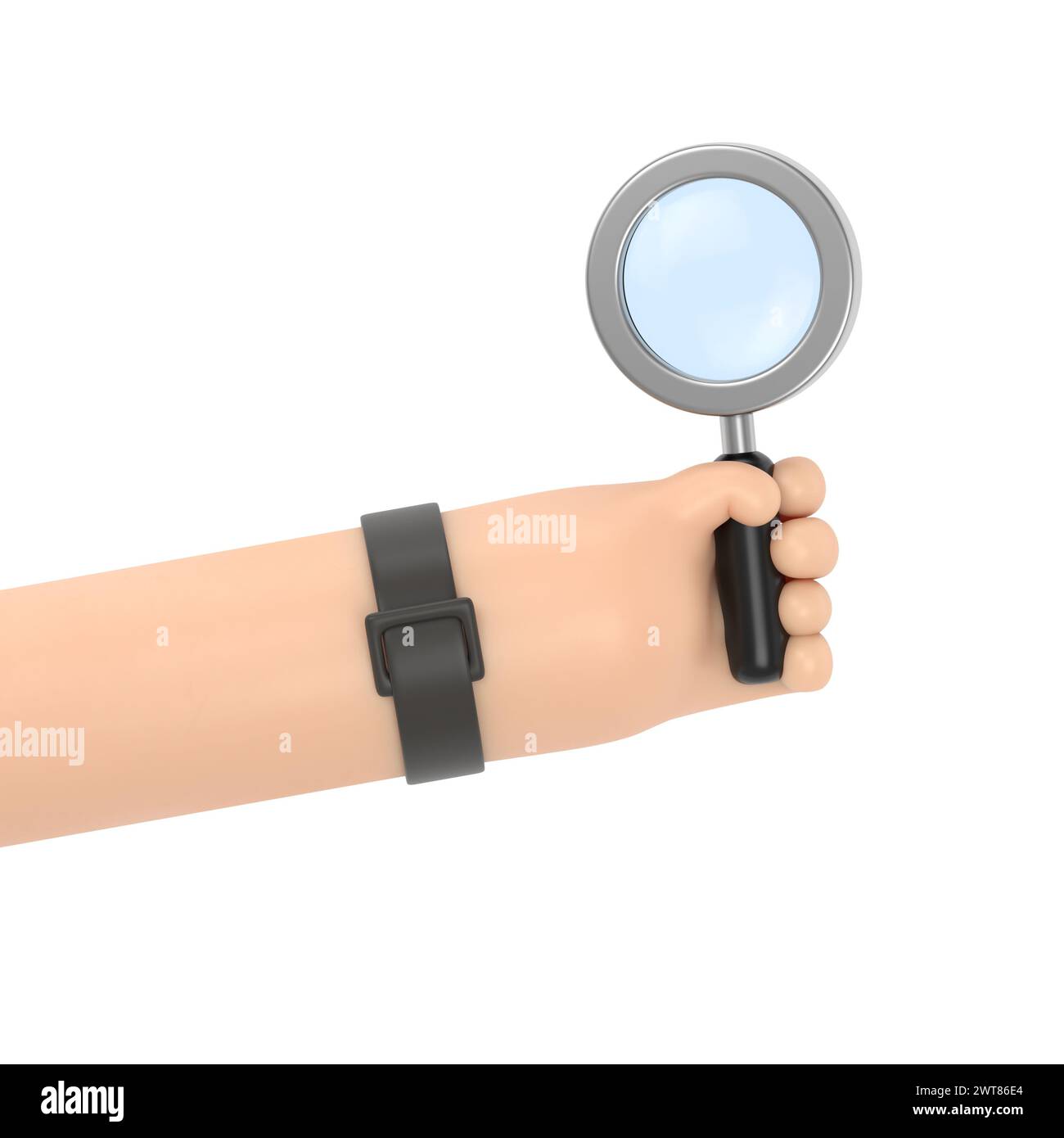 Cartoon Gesture Icon Mockup.Cartoon Character Hand in Medical Glove Holding Magnifier.3D rendering su sfondo bianco. Foto Stock