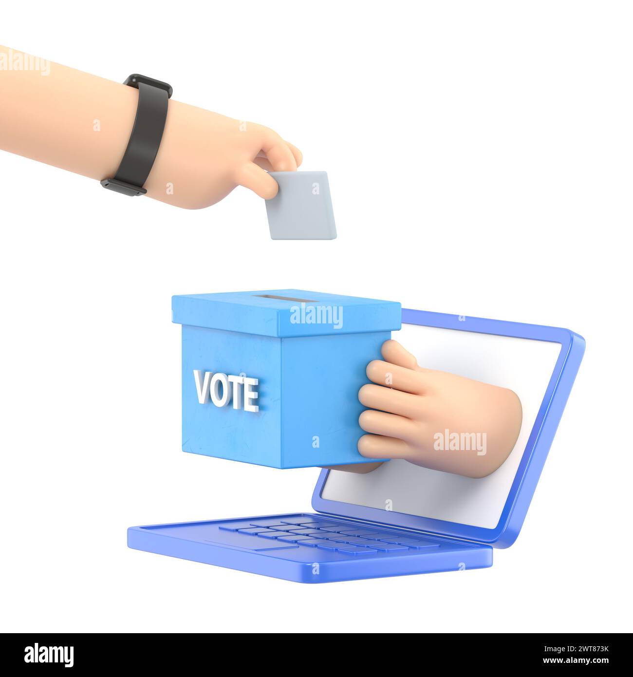 Uomo d'affari isometrico 3d piatto che mette la carta di voto nella scatola elettorale che esce dal monitor del notebook. Votazioni online e concetto elettorale.3D rende Foto Stock