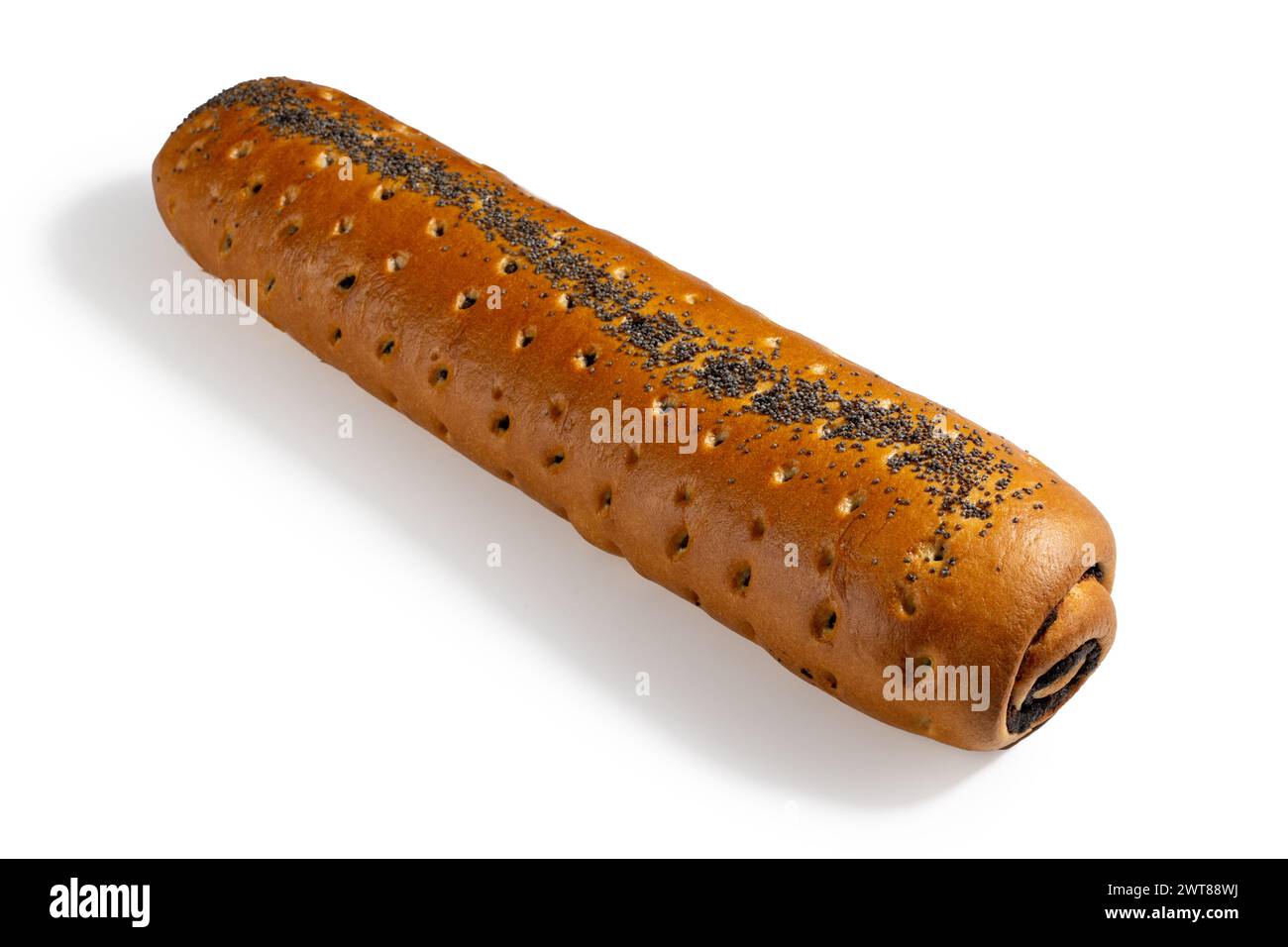 Immergiti nel ricco gusto di una baguette tedesca con semi di papavero, caratterizzata da una crosta croccante e un interno morbido e saporito, ideale per colazione o uno spuntino. Pro Foto Stock