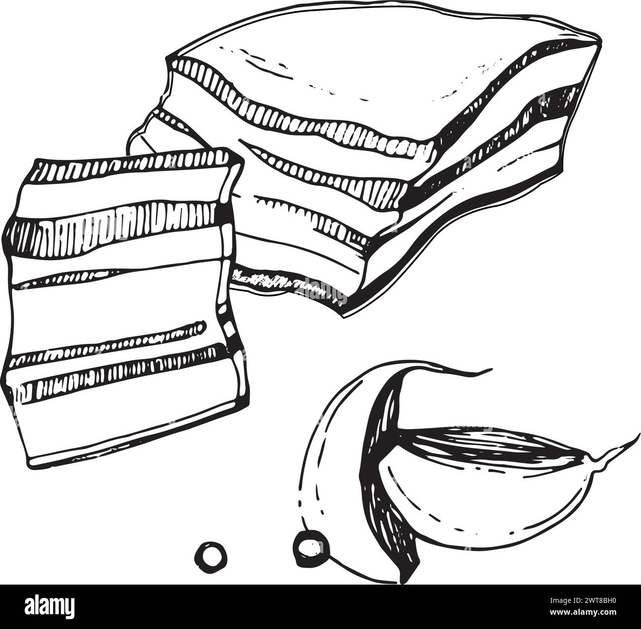 Illustrazione vettoriale. Un pezzo di lardo, una fetta di lardo, spicchi d'aglio e grani di pepe nero disegnati con un contorno nero in vettore. Illustrazione Vettoriale