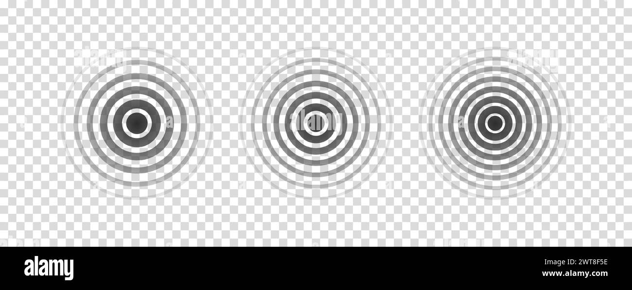 Terremoto dell'onda circolare. Icona del ripple audio. Impulso effetto nero isolato su sfondo bianco. Segnale radio. Motivo ondulato. Linea di vibrazione. Radiale Illustrazione Vettoriale