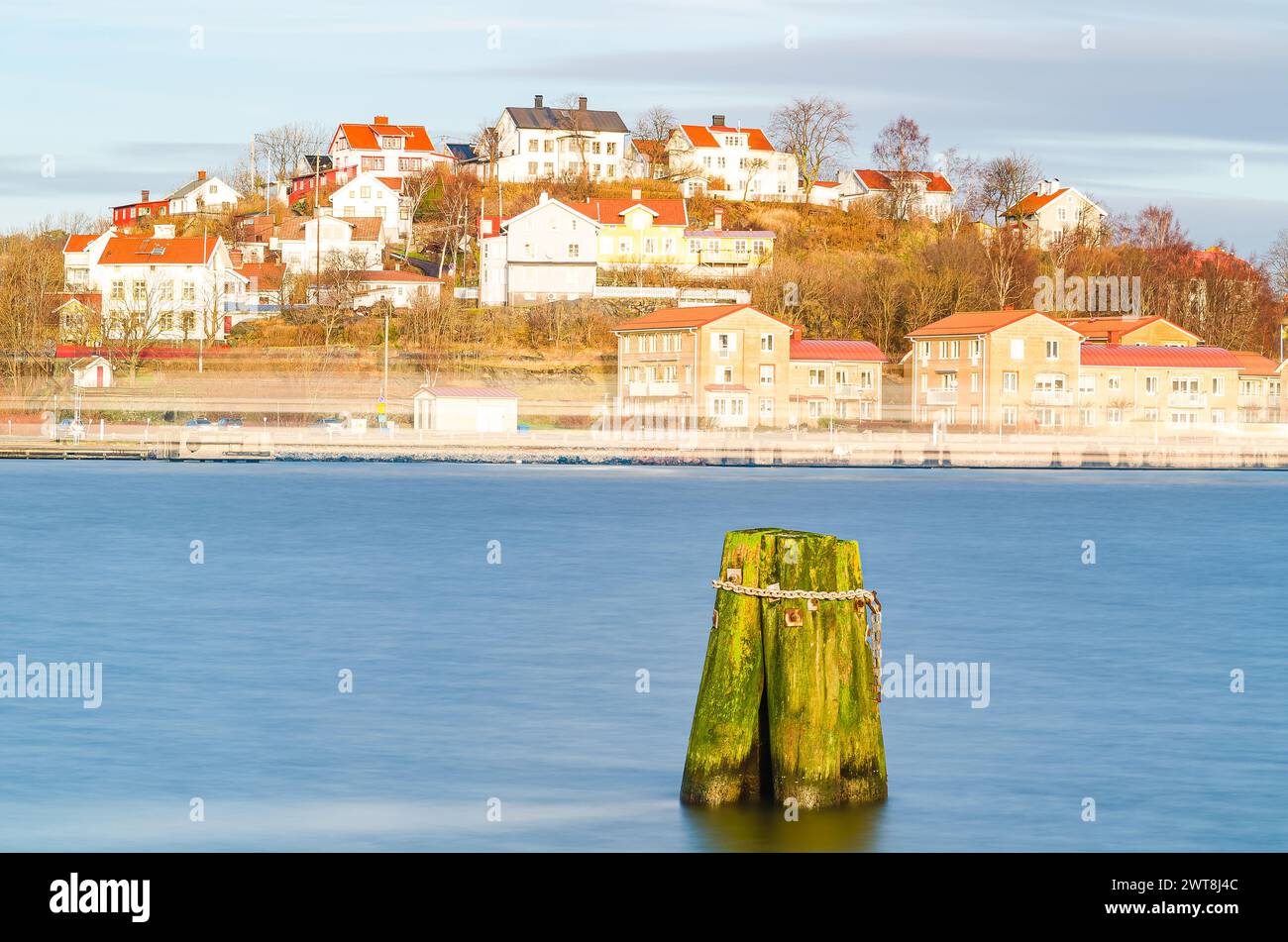 Un pilone coperto di muschio nelle acque calme vicino alla costa di Gothenburg, Svezia. Lo sfondo mostra un tranquillo quartiere con un affascinante roo rosso Foto Stock