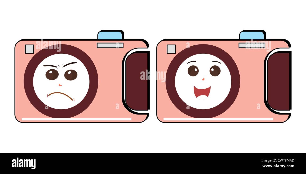 Il cartoni animati del personaggio di camera retro Mascot, la mascotte della fotocamera sorride e con i pollici in alto. Illustrazione vettoriale disegnata a mano Illustrazione Vettoriale