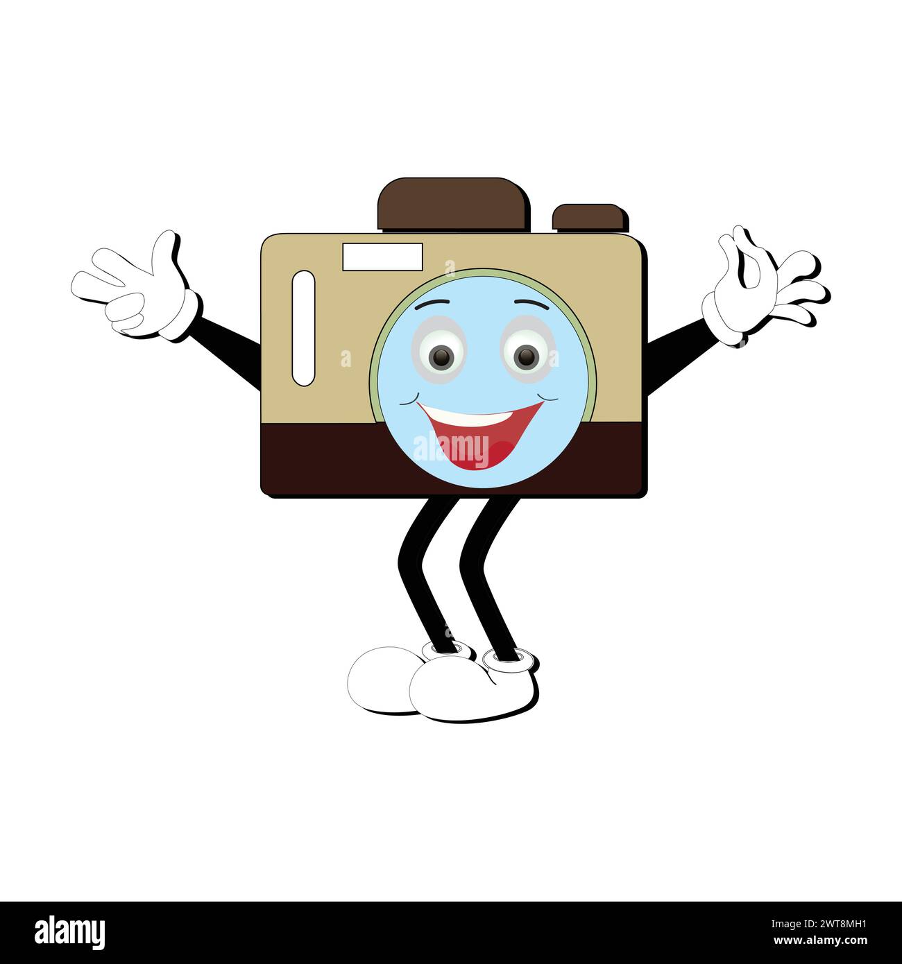 Il cartoni animati del personaggio di camera retro Mascot, la mascotte della fotocamera sorride e con i pollici in alto. Illustrazione vettoriale disegnata a mano Illustrazione Vettoriale