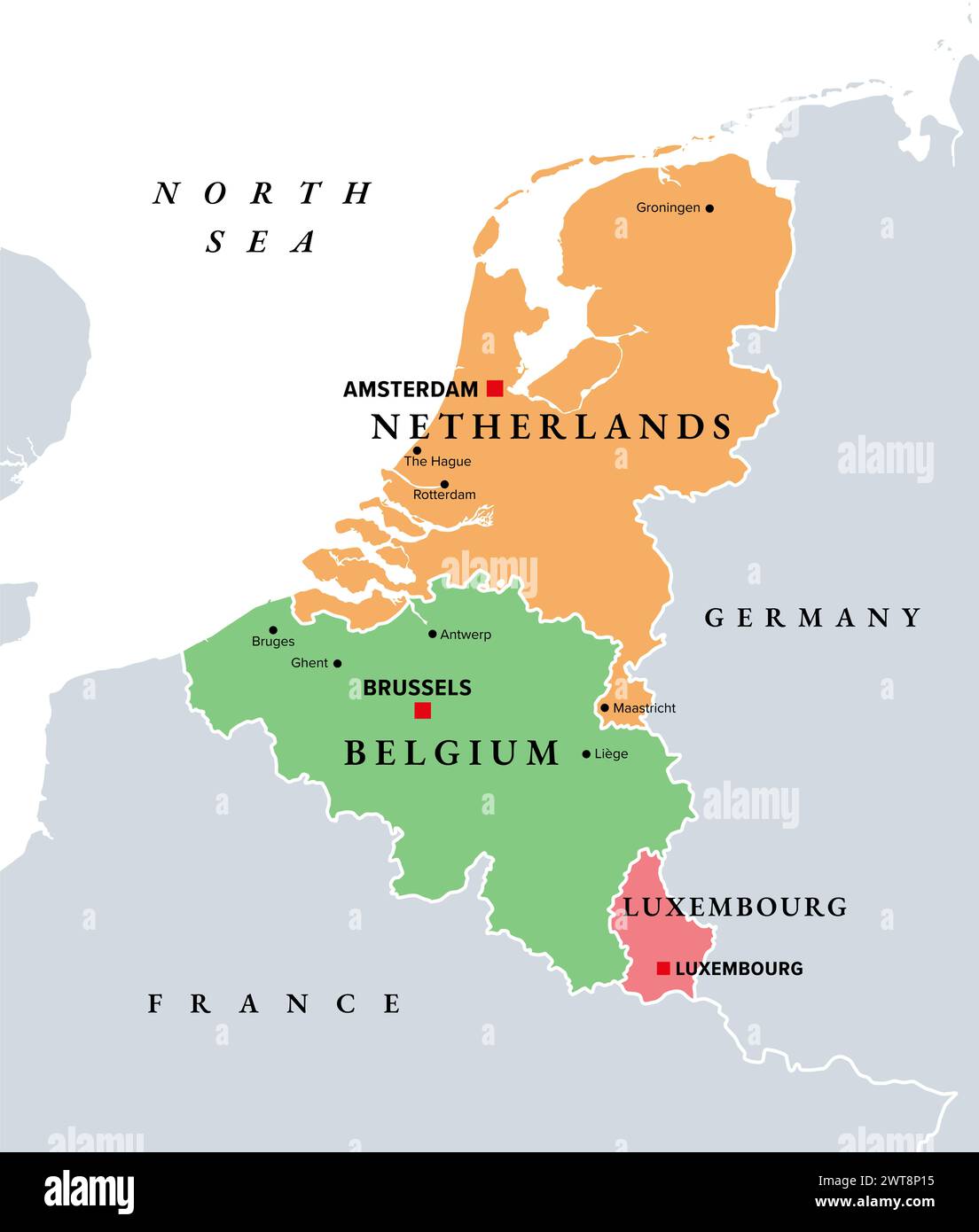 Benelux, stati membri dell'Unione del Benelux, mappa politica. Unione e cooperazione formale del Belgio, dei Paesi Bassi e del Lussemburgo. Foto Stock