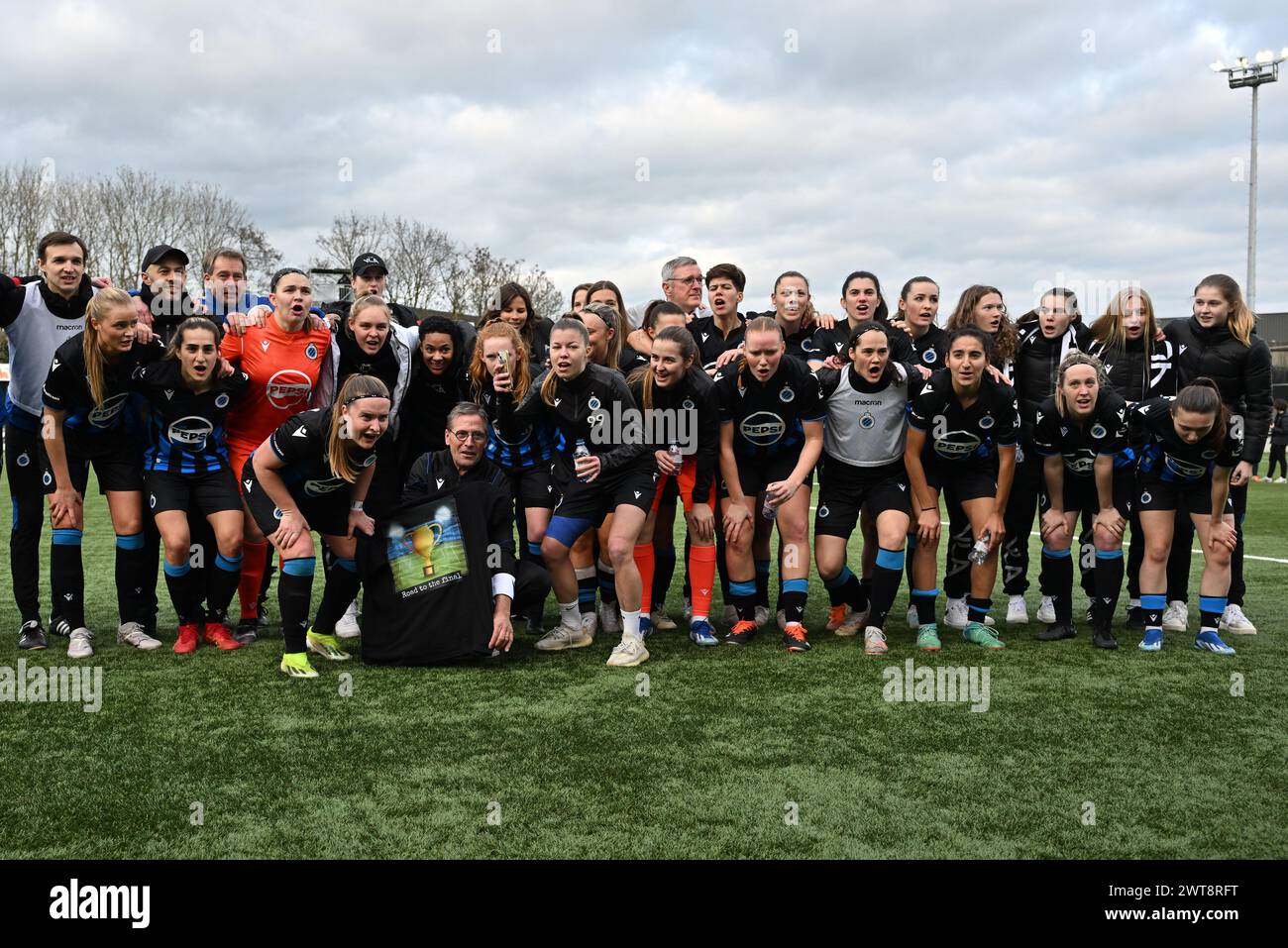 Aalter, Belgio. 16 marzo 2024. Le giocatrici del Club YLA nella foto festeggiano dopo aver vinto una partita di calcio femminile tra il Club Brugge Dames YLA e AA Gent Ladies nella semifinale della stagione 2023 - 2024 dell'edizione belga della Coppa delle donne, sabato 16 marzo 2024 ad Aalter, IN BELGIO. Crediti: Sportpix/Alamy Live News Foto Stock