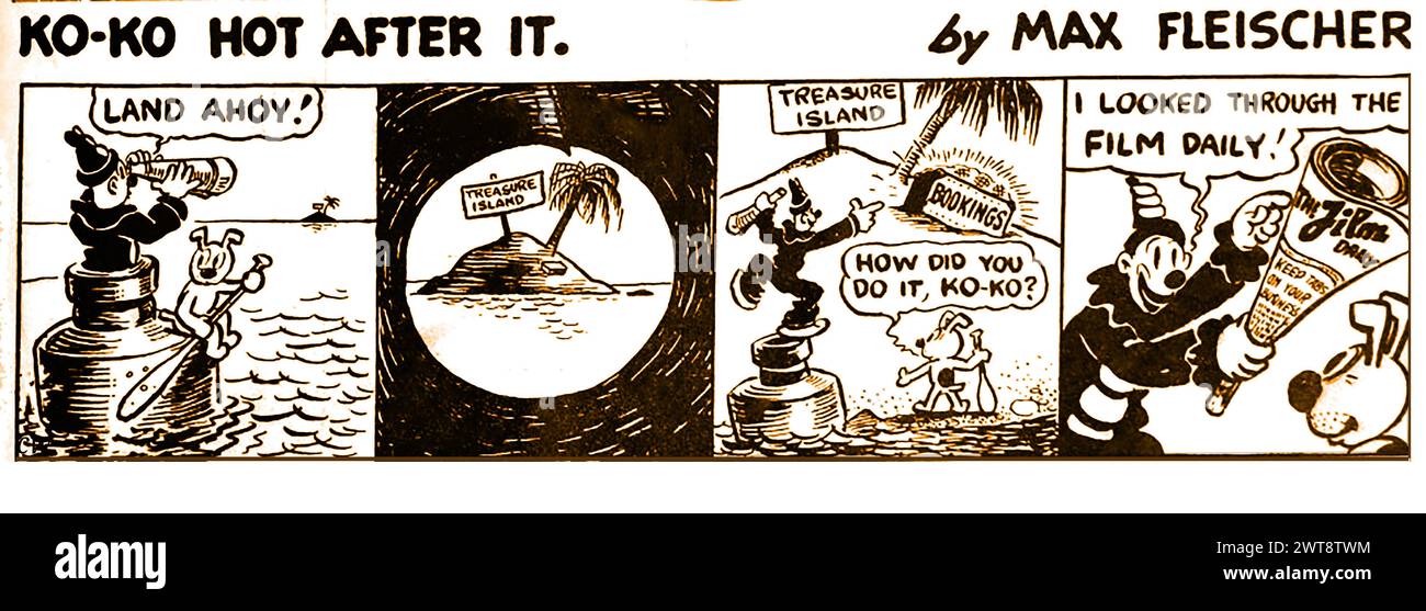 Uno dei primi cartoni animati di KO KO Strip dal Film Daily, 1926 di Max Fleischer. (1883-1972): Che era un animatore, regista e creatore di molti cartoni animati ben noti tra cui Betty Boop, braccio di ferro il marinaio, Koko il clown e Superman. Max Fleischer (nato Majer Fleischer) è stato un animatore polacco-americano, Wczesna kreskówka KO KO Strip z Film Daily z 1926 roku autorstwa Maxa Fleischera. (ur. Majer Fleischer1883–1972) animatore, reżyser i twórca wielu znanych kreskówek animowanych, W tym Betty Boop, braccio di ferro il marinaio, Koko il Clown i Superman. Foto Stock