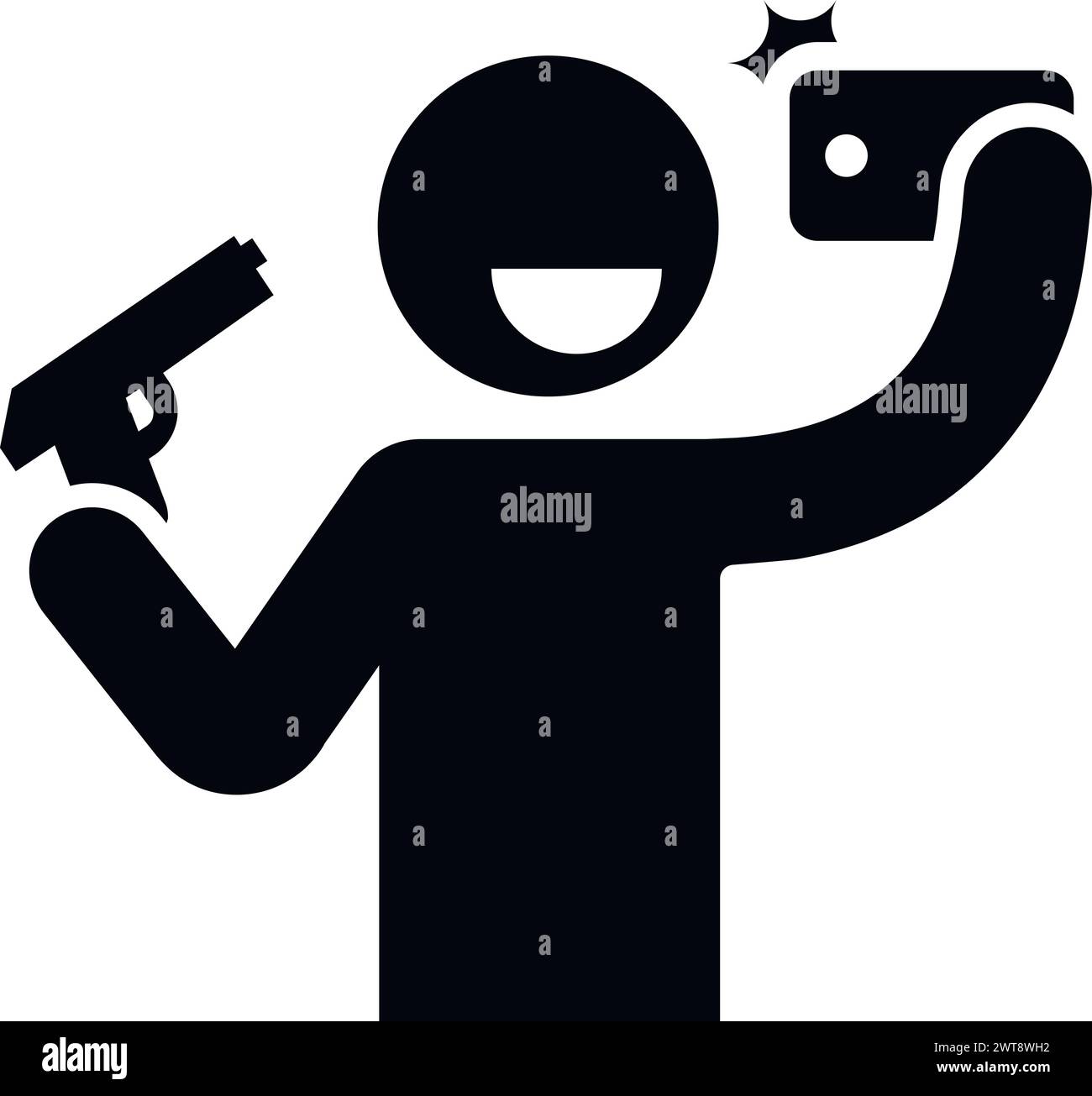 Uomo che fa selfie pericolosi con la pistola. Foto estreme Illustrazione Vettoriale