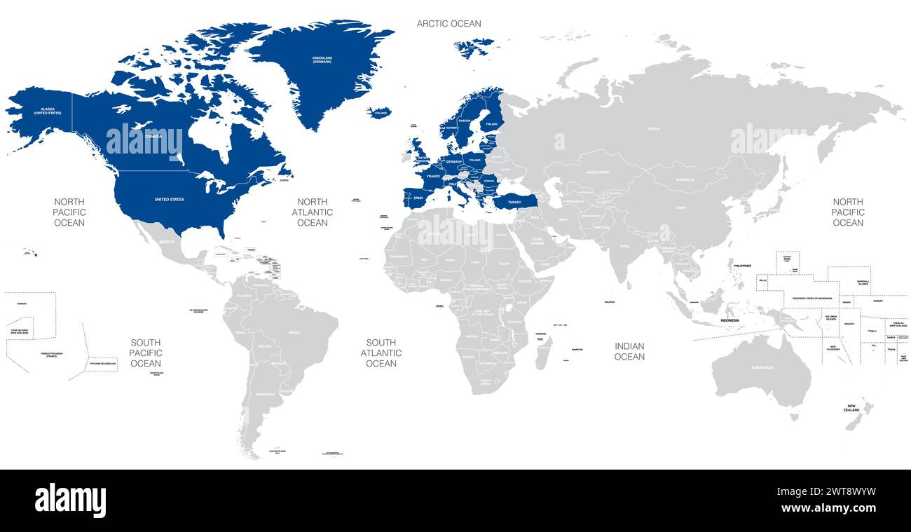 stati membri della NATO (Organizzazione del Trattato del Nord Atlantico) sulla mappa mondiale. Illustrazione vettoriale Illustrazione Vettoriale