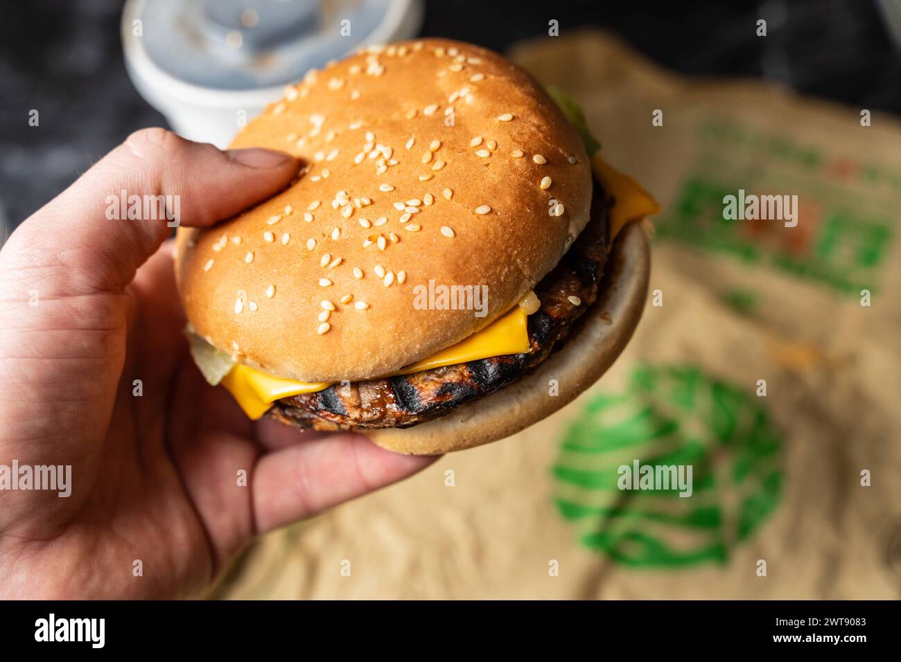 Augusta, Baviera, Germania - 16 marzo 2024: Uomo che detiene un hamburger vegetale della catena di fast food Burger King. Sostituto della carne per una dieta vegana *** Mann hält einen Hamburger von der Fastfood Kette Burger King in der Hand. Fleischersatz für vegane Ernährung Foto Stock