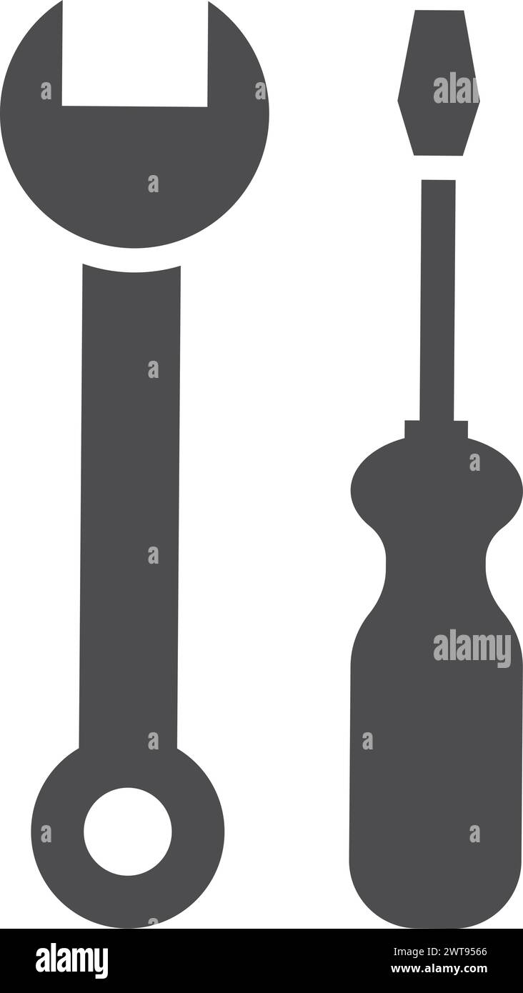 Chiave e cacciavite. Icona nera degli strumenti. Simbolo di riparazione Illustrazione Vettoriale