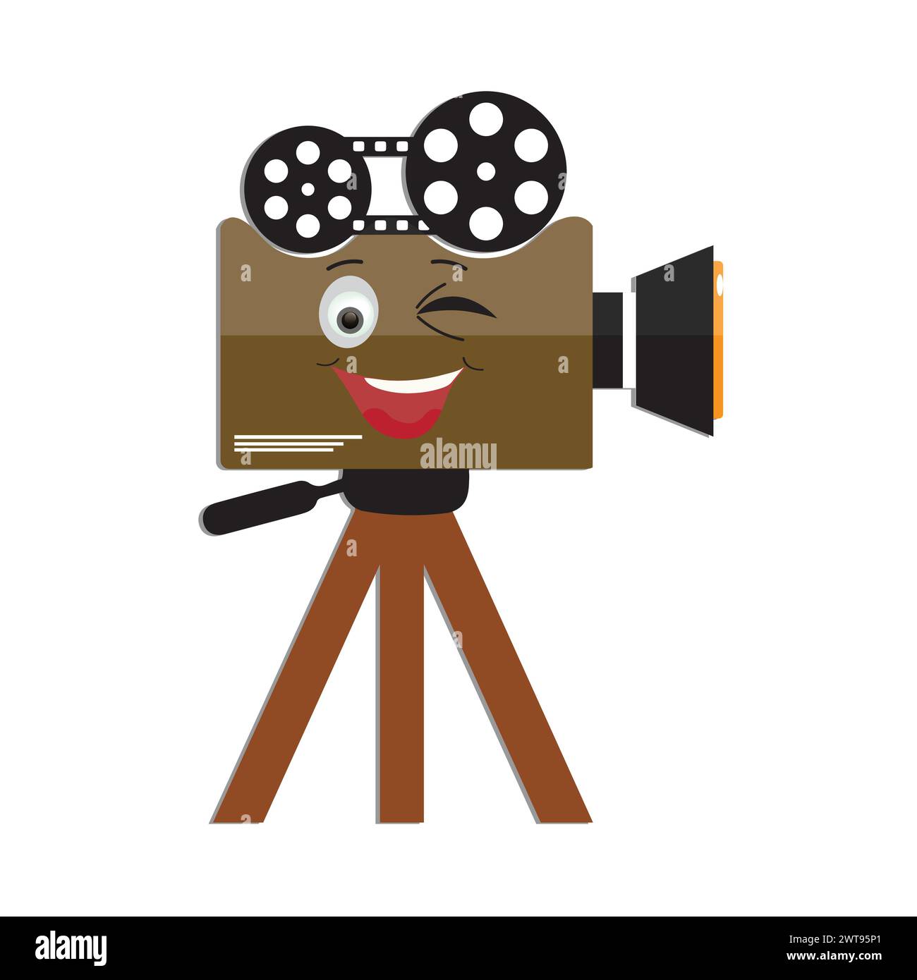 Personaggio delle mascotte da macchina fotografica, mascotte da film retrò in stile cartoni animati illustrazione disegnata a mano vettoriale, adatta per il cinema e la realizzazione di film per bambini Illustrazione Vettoriale