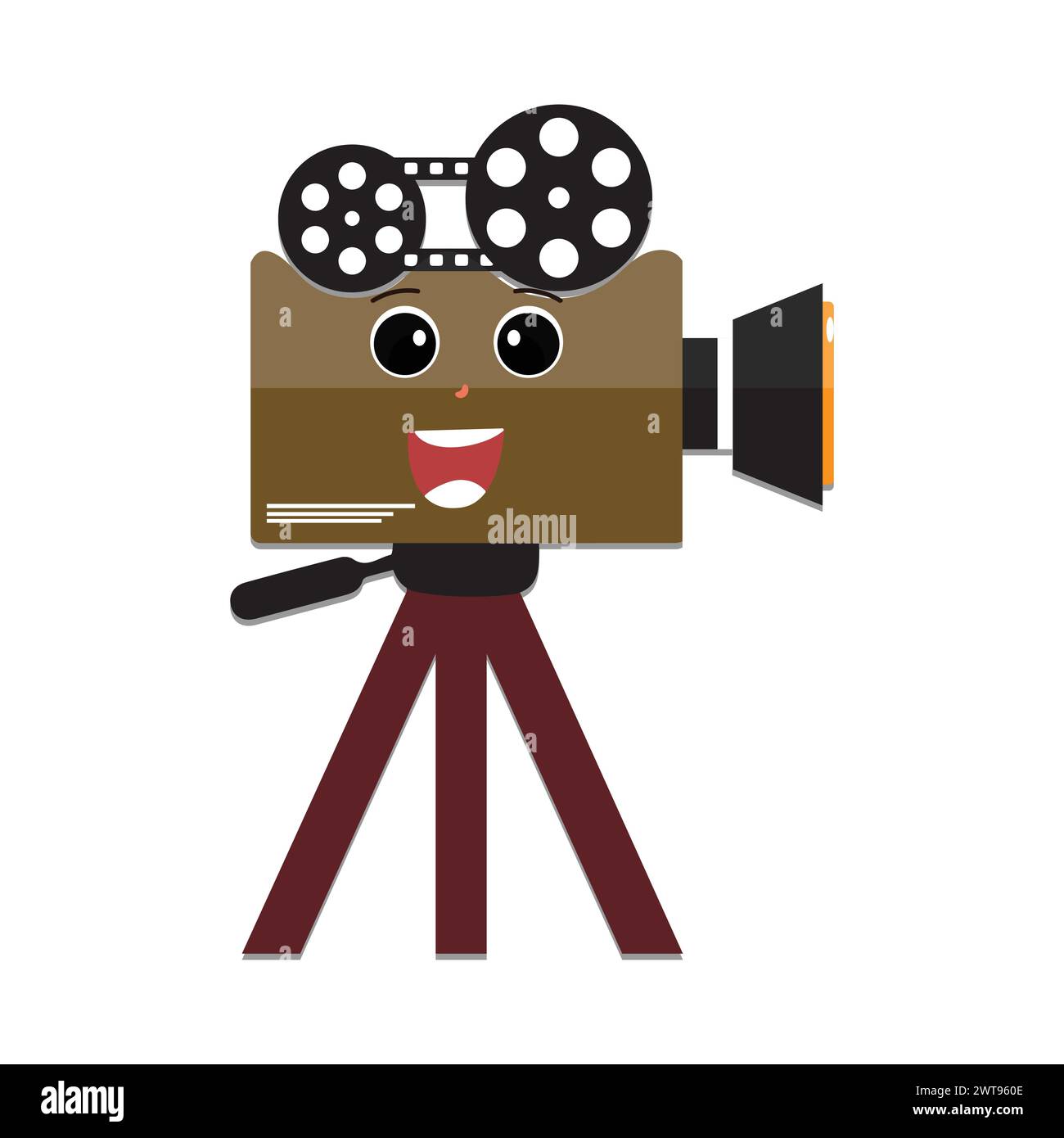 Personaggio delle mascotte da macchina fotografica, mascotte da film retrò in stile cartoni animati illustrazione disegnata a mano vettoriale, adatta per il cinema e la realizzazione di film per bambini Illustrazione Vettoriale