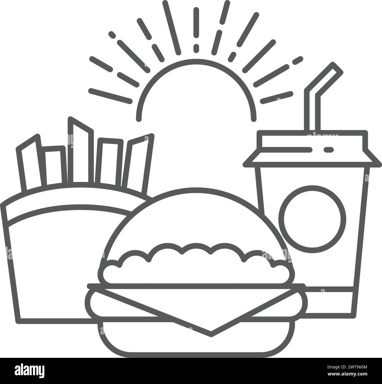 Logo fast food. Icona nera con linea sottile Illustrazione Vettoriale