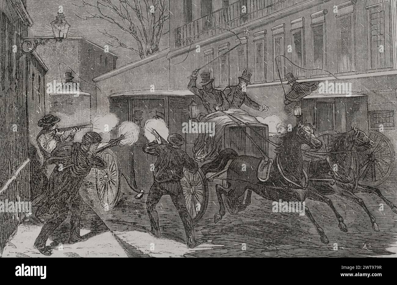 Storia della Spagna. Madrid. Attacco al generale prim (1814-1870) in calle del turco (Turk Street) il 27 dicembre 1870. Uomini armati con autobus rotondi attaccarono la sua carrozza mentre stava andando verso la sua residenza nel Palazzo Buenavista. Morì tre giorni dopo per le ferite che aveva subito. Incisione. Historia de la Guerra de Francia y Prusia (storia della guerra tra Francia e Prussia). Volume II Pubblicato a Barcellona, 1871. Foto Stock