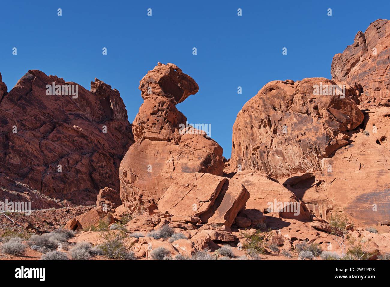 Formazione rocciosa bilanciata nel Valley of Fire State Park in Nevada Foto Stock