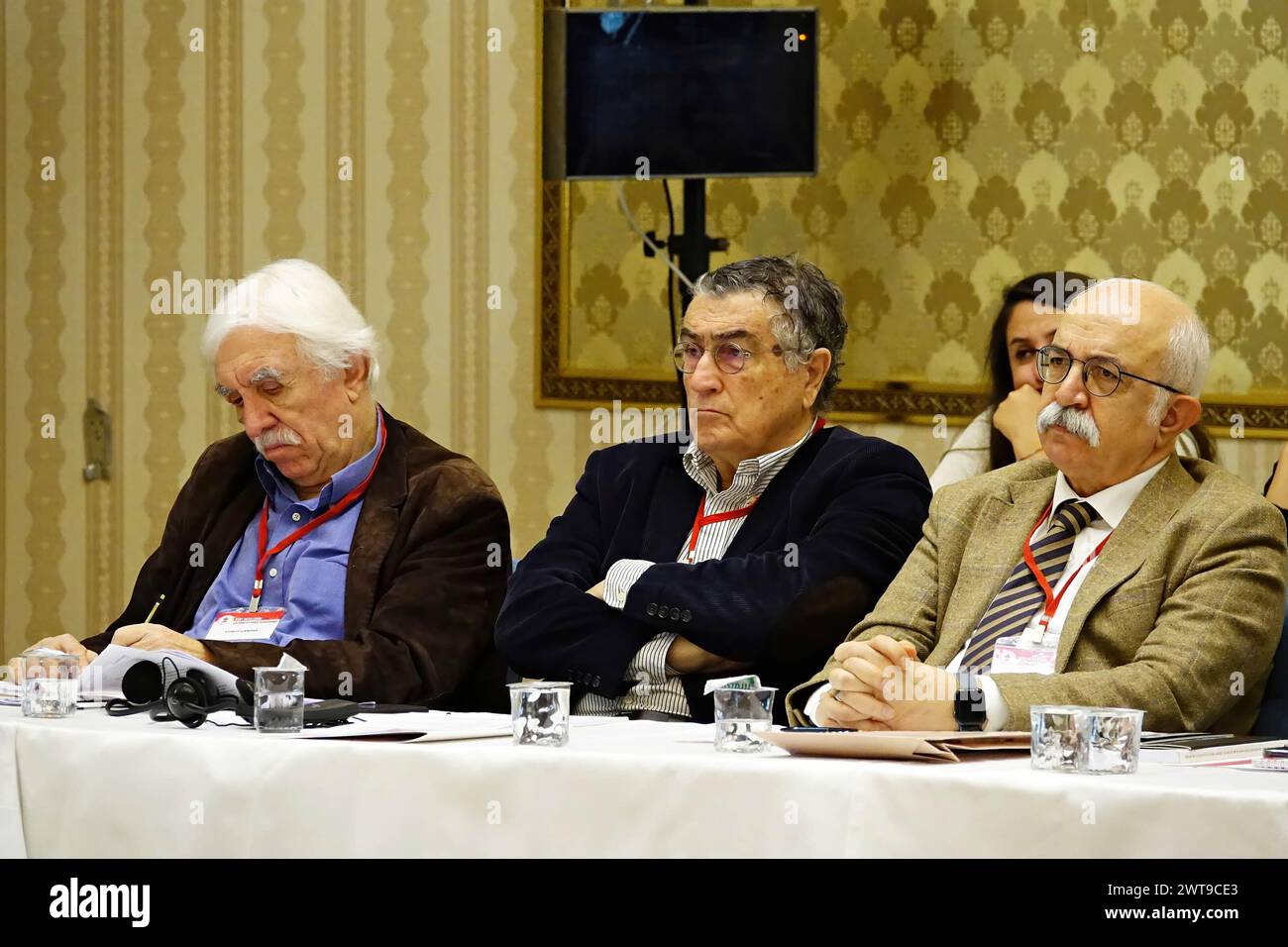 Alla conferenza partecipano il deputato del Partito Popolare per l'uguaglianza e la democrazia (DEM Party), il famoso giornalista Cengiz Candar (L1), il famoso giornalista Hasan Cemal (L2) e il presidente della piattaforma per la democrazia curda (KDP) Sertac Bucak (L3). La "Solution of the Kurdish Problem and Peace Conference", organizzata dal quartier generale dell'Associazione per i diritti umani e dalla filiale di Diyarbakir, è iniziata a Diyarbakir, presso il Mitannia Regency Hotel. La conferenza avrà una durata di due giorni (16-17 marzo). Alla conferenza partecipano più di cento difensori dei diritti umani, politici, accademici e giornalisti. Conflitti armati tra i K Foto Stock
