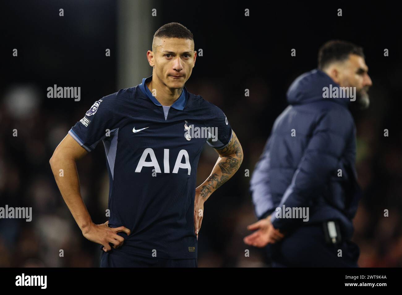 LONDRA, Regno Unito - 16 marzo 2024: Richarlison del Tottenham l'Hotspur sembra deluso dopo la partita di Premier League tra il Fulham FC e il Tottenham Hotspur FC al Craven Cottage (credito: Craig Mercer/ Alamy Live News) Foto Stock