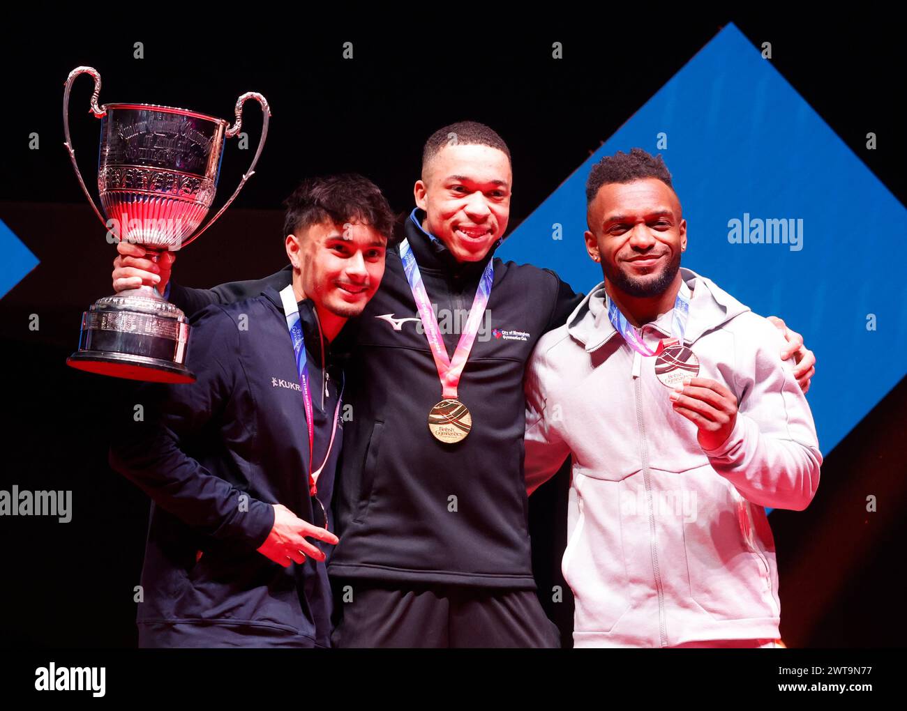 Liverpool, Regno Unito. 16 marzo 2024. 16 marzo 2024, M&amp;S Bank Arena, Liverpool, Inghilterra; British Gymnastics Championships Day 3; Men's Individual all-around Final Gold medalist - Joe Frazer (centro), Silver medalist - Jake Jarman (sinistra), Bronze medalist - Courtney Tullock (destra) crediti: Action Plus Sports Images/Alamy Live News Foto Stock