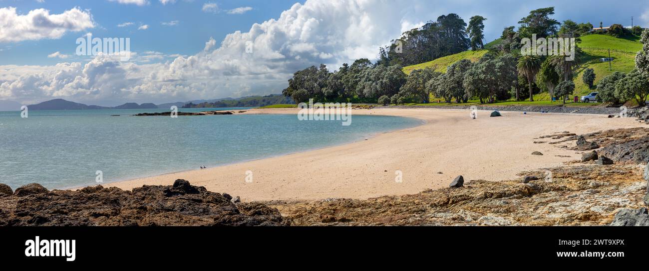 Panorama della spiaggia sabbiosa di Waiomanu vicino a Maraetai, Tāmaki Makaurau / regione di Auckland, Aotearoa / nuova Zelanda. Foto Stock
