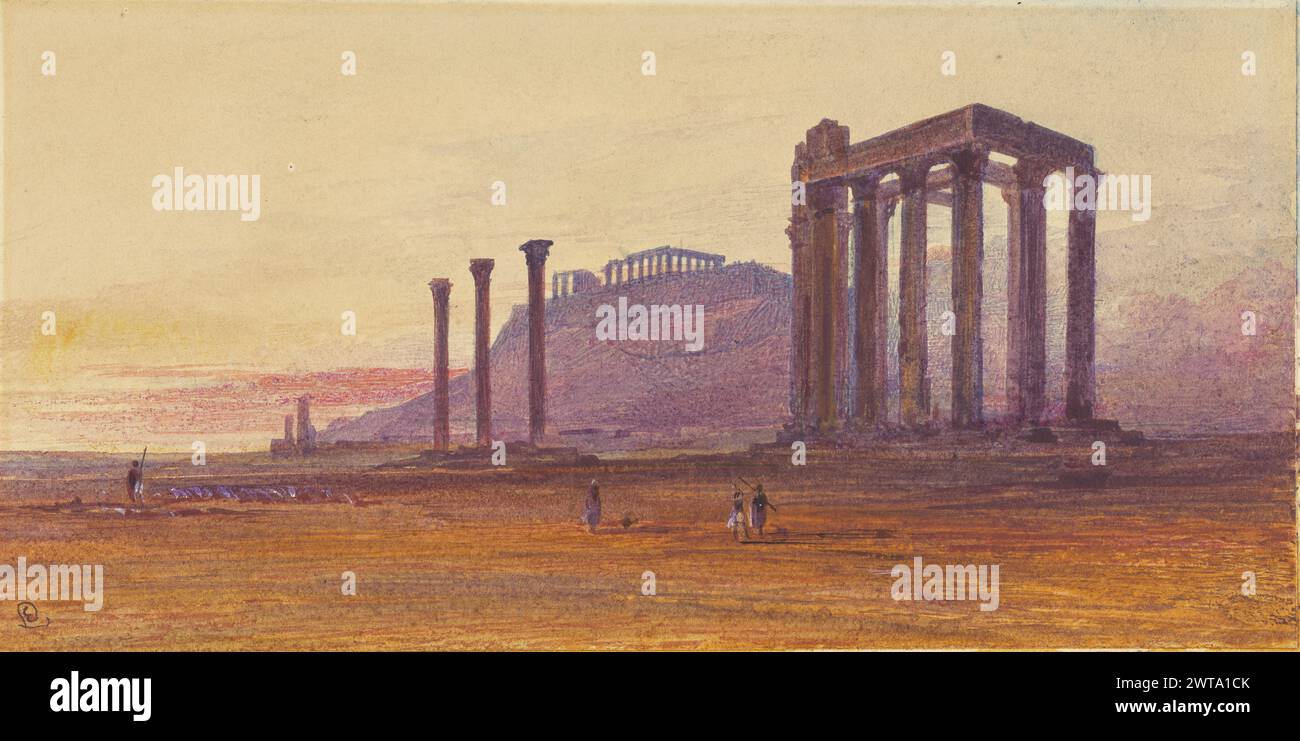 Il Tempio di Zeus Olimpio, Grecia. Edward Lear (inglese, 1812 - 1888) circa 1870 dopo aver ottenuto solo un modesto successo come artista durante la sua carriera, Edward Lear cercò di fare soldi più tardi nella vita riprendendo versioni di vedute iconiche e popolari che erano accessibili e facilmente commerciabili. I resoconti parlano di lui che allineava fogli di carta in una sorta di linea di produzione per produrre più immagini della stessa scena, giacendo in ogni parte della composizione in sequenza. Questo acquerello del Tempio di Zeus Olimpio con l'Acropoli sullo sfondo è un tipico esempio di quell'opera, e anche re Foto Stock