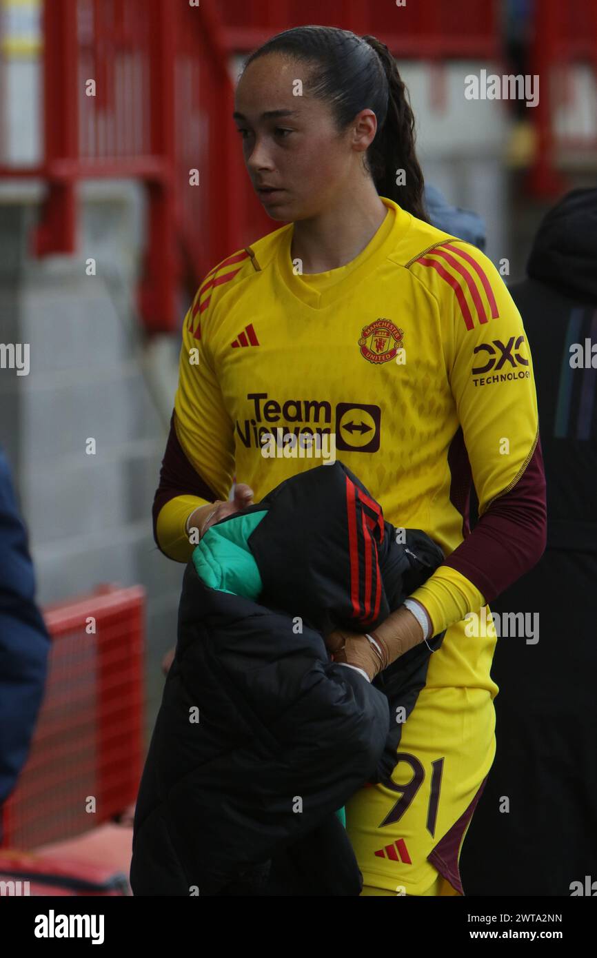 Phallon Tullis-Joyce portiere uomo Utd donne Brighton Hove Albion contro Manchester United donne Adobe Coppa fa femminile Broadfield Stadium, Crawley Town FC Foto Stock