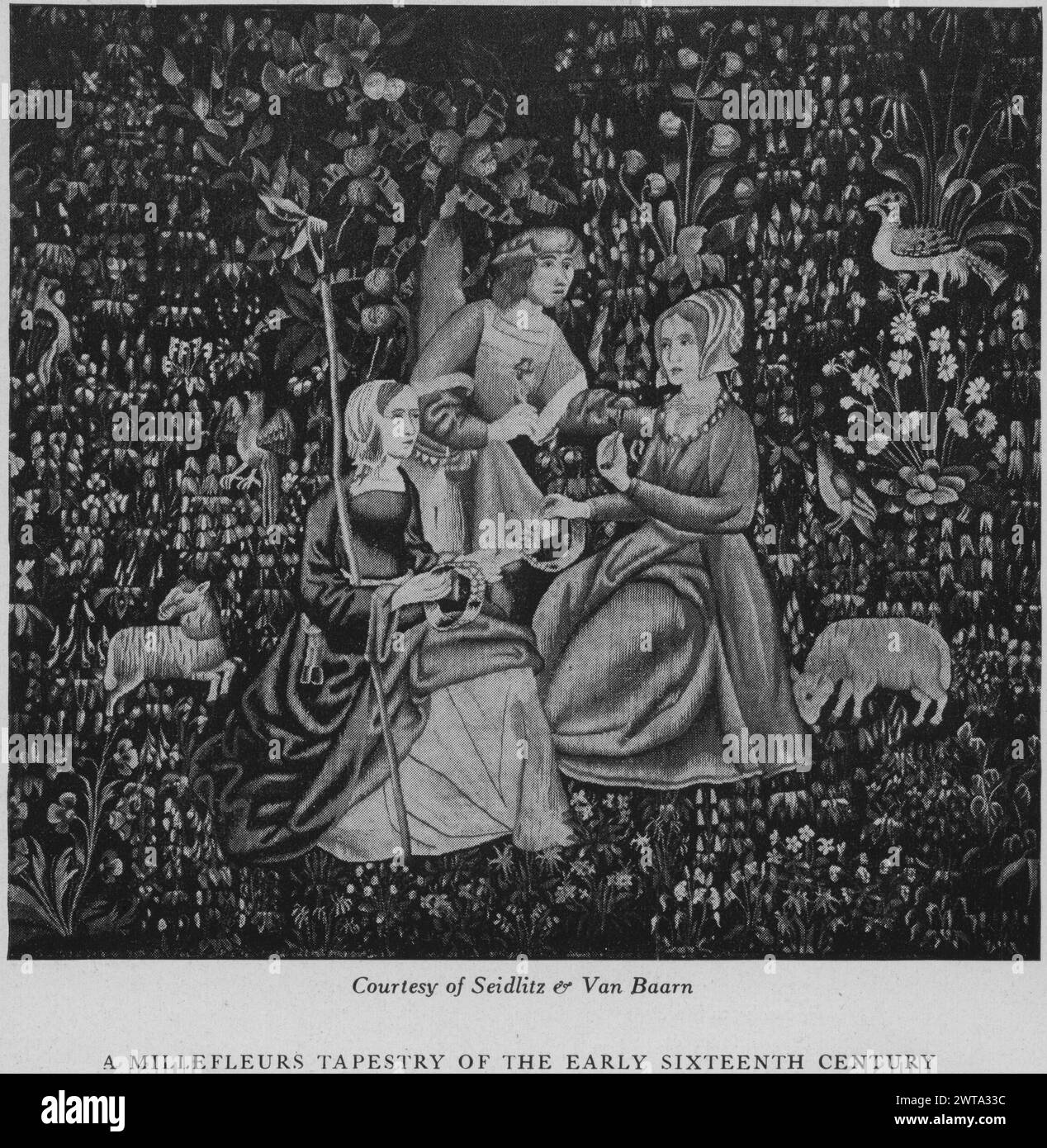 Tre figure su terreno millefleurs. Sconosciuto c. 1500 arazzi materiali/tecniche: Sconosciuto Cultura: Paesi Bassi meridionali tessitura Centro: Sconosciuto figura maschile in piedi tiene il fiore in mano destra, fiancheggiato da 2 figure femminili sedute che fanno cappellini [o ghirlande ?], 1 detiene il personale (centro), vari uccelli e animali Joubert, Tapisserie médievale Cluny (1987), 104-121, n. VIII opere correlate: Arazzi stilisticamente simili, Parigi, Musée de Cluny, serie, "la tenture de la vie Seigneuriale", rif. Cl. 2178-2183 Foto Stock