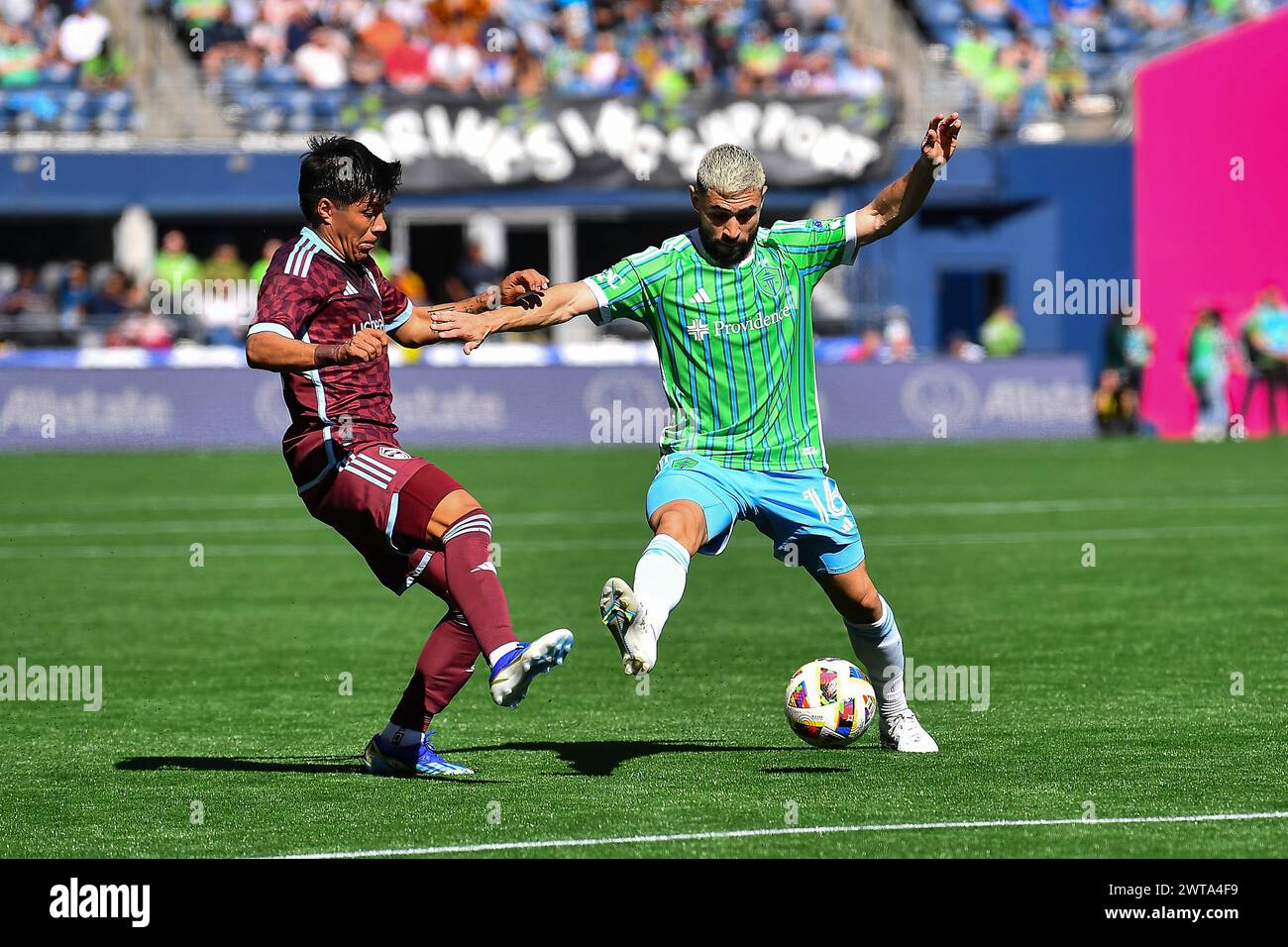 016 marzo 2024: Il centrocampista dei Seattle Sounders Alex Roldan (16) durante la partita di calcio della MLS tra i Seattle Sounders e i Colorado Rapids a Seattle, Washington. Steve Faber/CSM Foto Stock