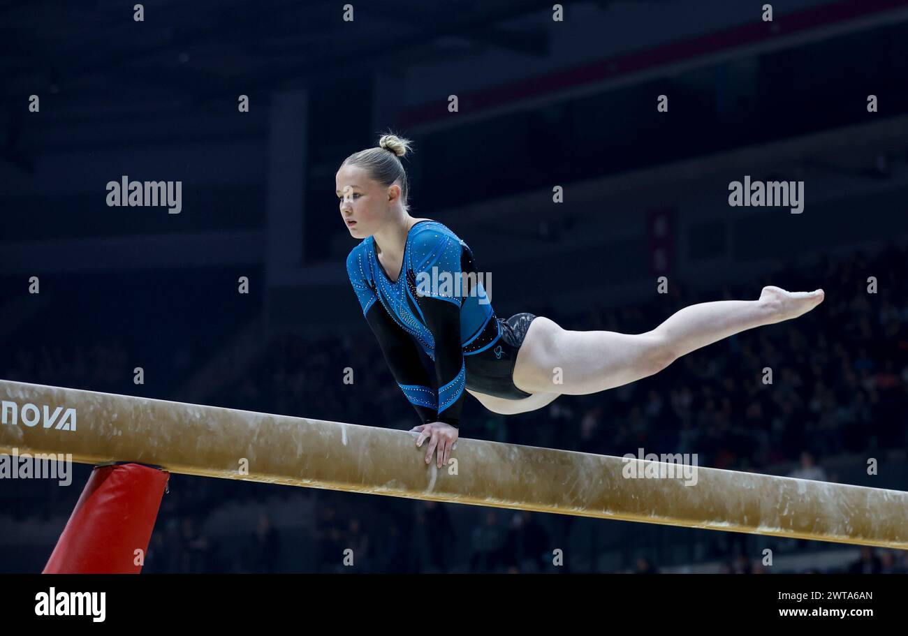 Liverpool, Regno Unito. 16 marzo 2024. 16 marzo 2024, M&amp;S Bank Arena, Liverpool, Inghilterra; British Gymnastics Championships Day 3; Grace Davies su beam Credit: Action Plus Sports Images/Alamy Live News Foto Stock