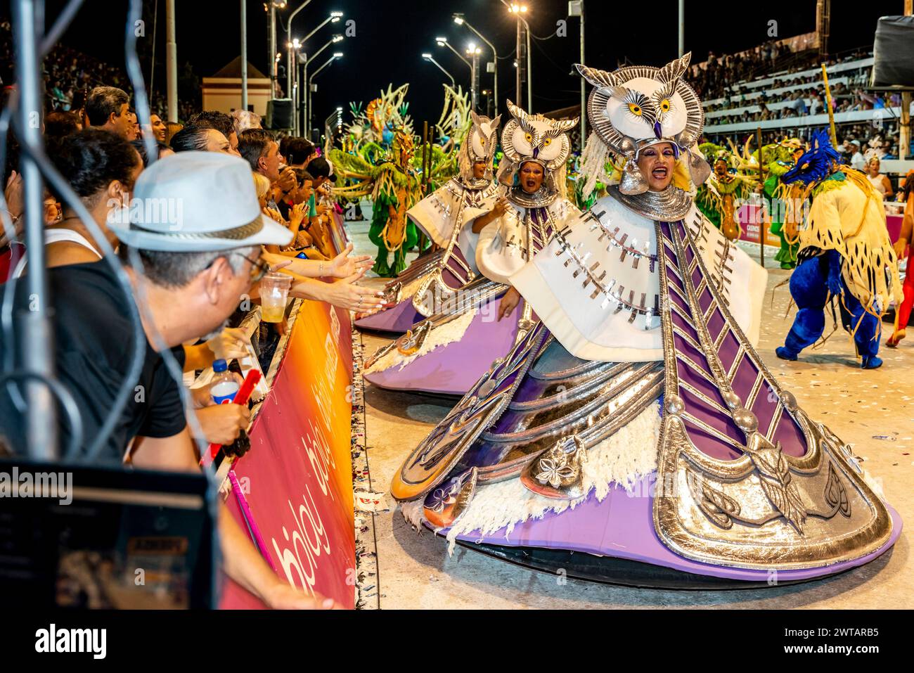 Le donne locali in costume prendono parte all'annuale Carnaval del Pais, Gualeguaychu, Entre Rios Province, Argentina. Foto Stock