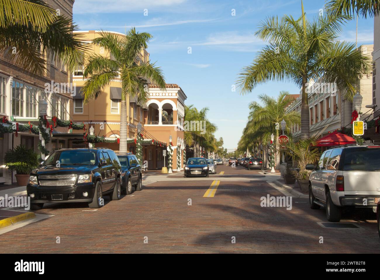 Quartiere commerciale del centro città sulla First Steet a Fort Myers, Florida Foto Stock