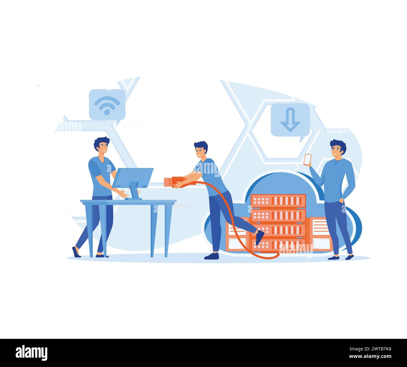 Cloud computing 1. Tecnologia cloud Web, archiviazione dati, hosting, connessione. Processo di lavoro, comunicazione del lavoro di squadra. illustrazione moderna vettoriale piatta Illustrazione Vettoriale