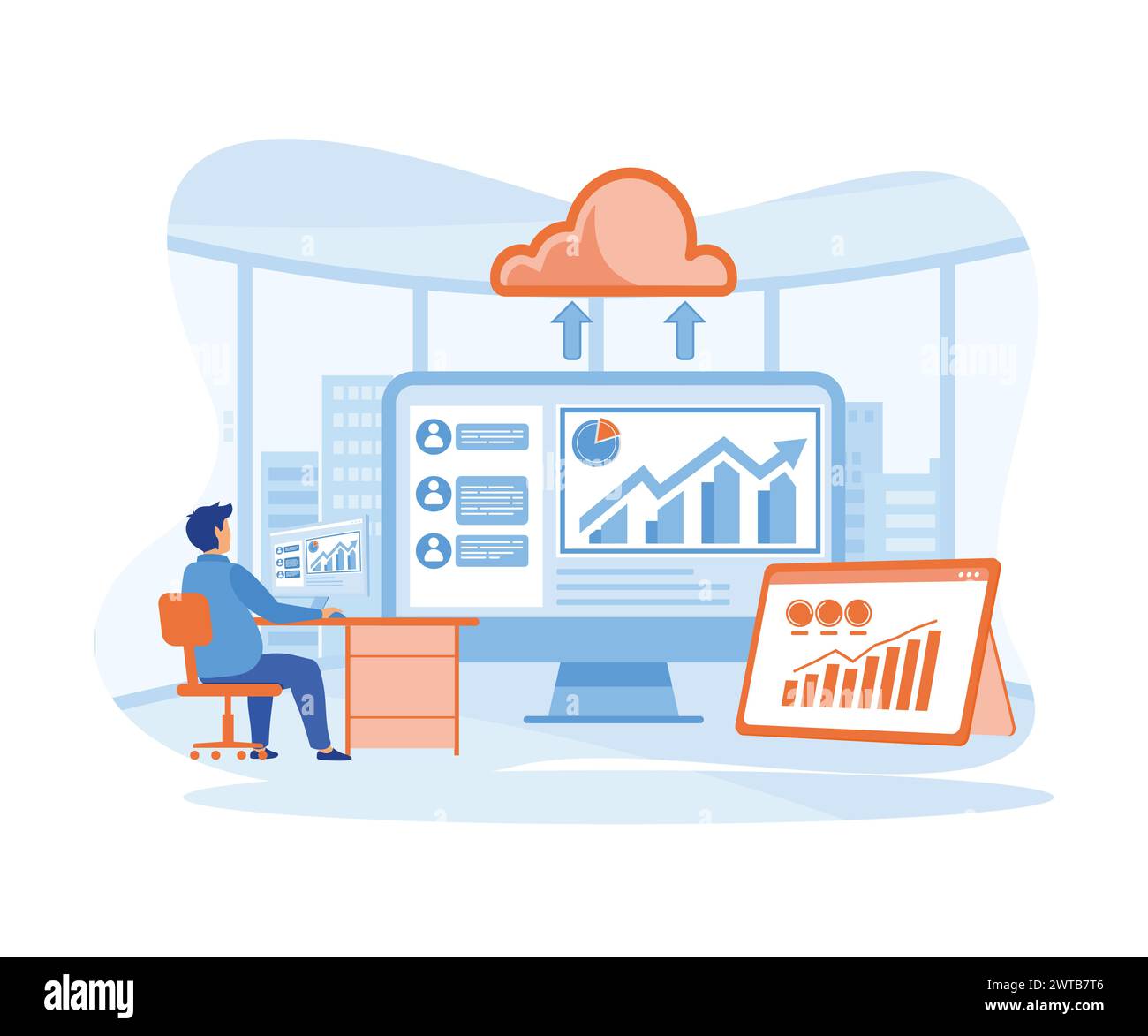 Concetto di servizio di cloud computing e con il team di sviluppatori che lavora sul concetto di monitor del dashboard. illustrazione moderna vettoriale piatta Illustrazione Vettoriale