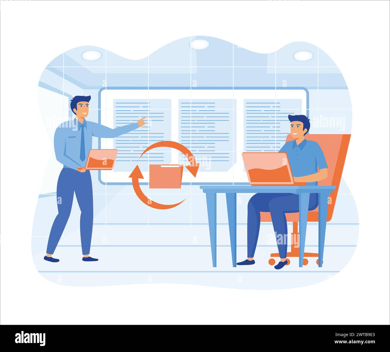 Concetto di condivisione file. le persone trasferiscono i file in formato criptato, trasferiscono la documentazione. illustrazione moderna vettoriale piatta Illustrazione Vettoriale