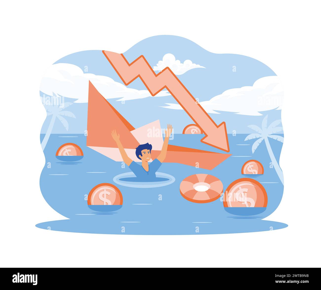 Affari fallimentari. Crisi economica finanziaria, affondamento delle imprese, problemi di recupero dei prestiti, recessione delle persone e dell'economia in calo. vettore piatto Illustrazione Vettoriale