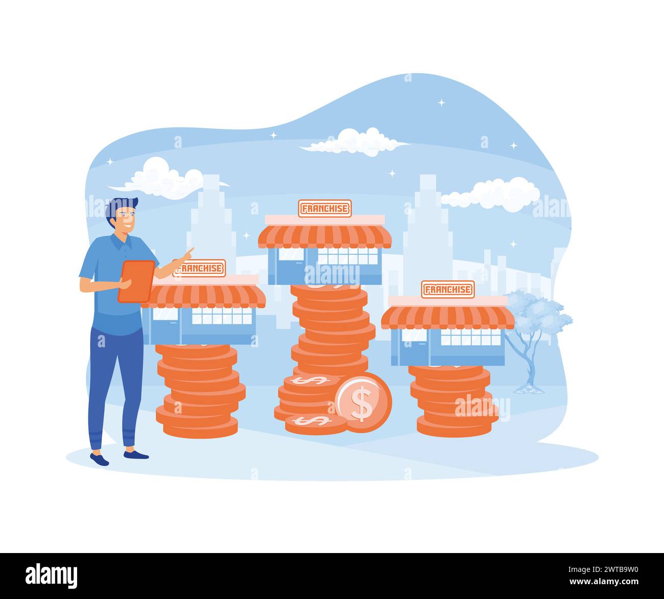 Banner in franchising. Piccole imprese, aziende, negozi, punti vendita al dettaglio o rete di servizi. illustrazione moderna vettoriale piatta Illustrazione Vettoriale