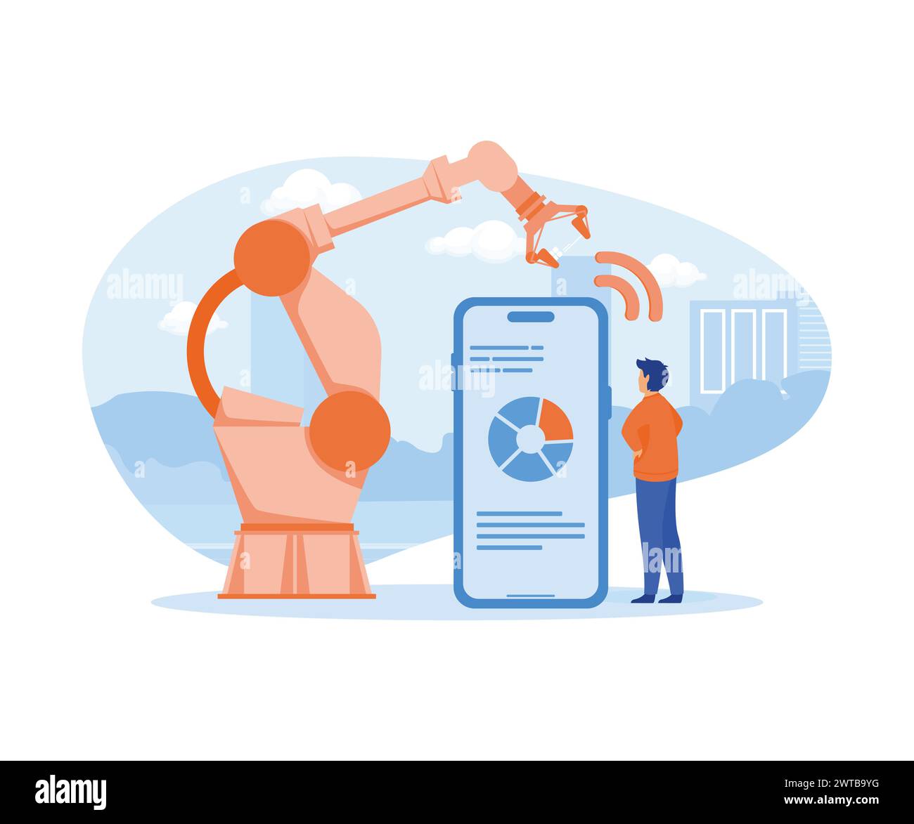 Concetto di settore intelligente. uomo in piedi vicino a smartphone e braccio robot, fabbrica industriale. illustrazione moderna vettoriale piatta Illustrazione Vettoriale
