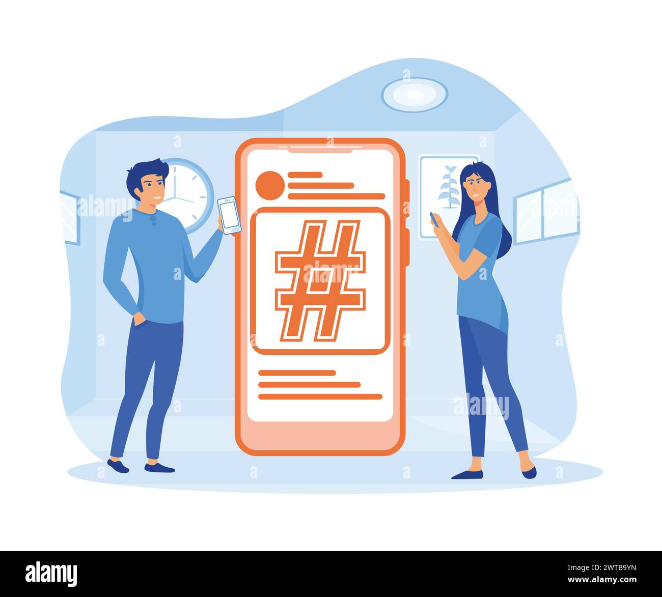 Concetto di hashtag. Hashtag e giovani che utilizzano social media, siti web e applicazioni per smartphone. Illustrazione Vettoriale