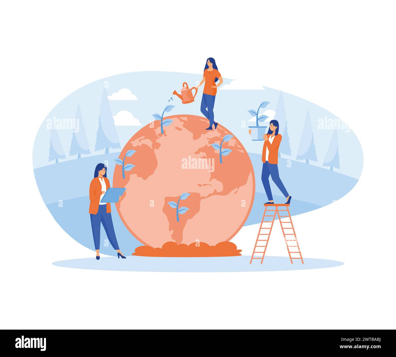 Concetto di ecologia. La gente si prende cura dell'ecologia del pianeta. Globo con alberi, piante e volontari. illustrazione moderna a vettore piatto Illustrazione Vettoriale