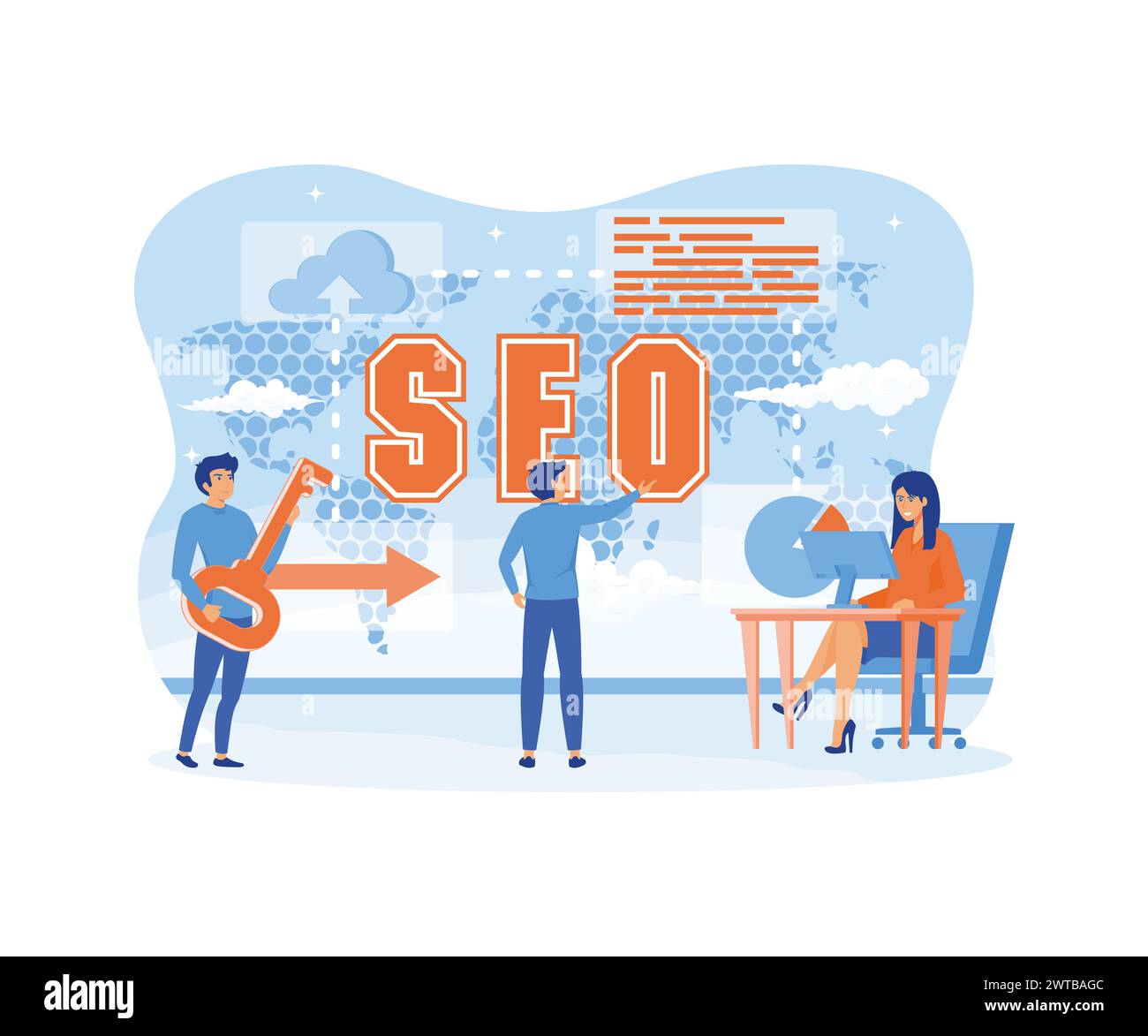 Concetto di ottimizzazione dei motori di ricerca. Uomo d'affari e donna d'affari in azione intorno all'abbreviazione SEO sulla mappa del mondo digitale. design moderno vettoriale piatto Illustrazione Vettoriale