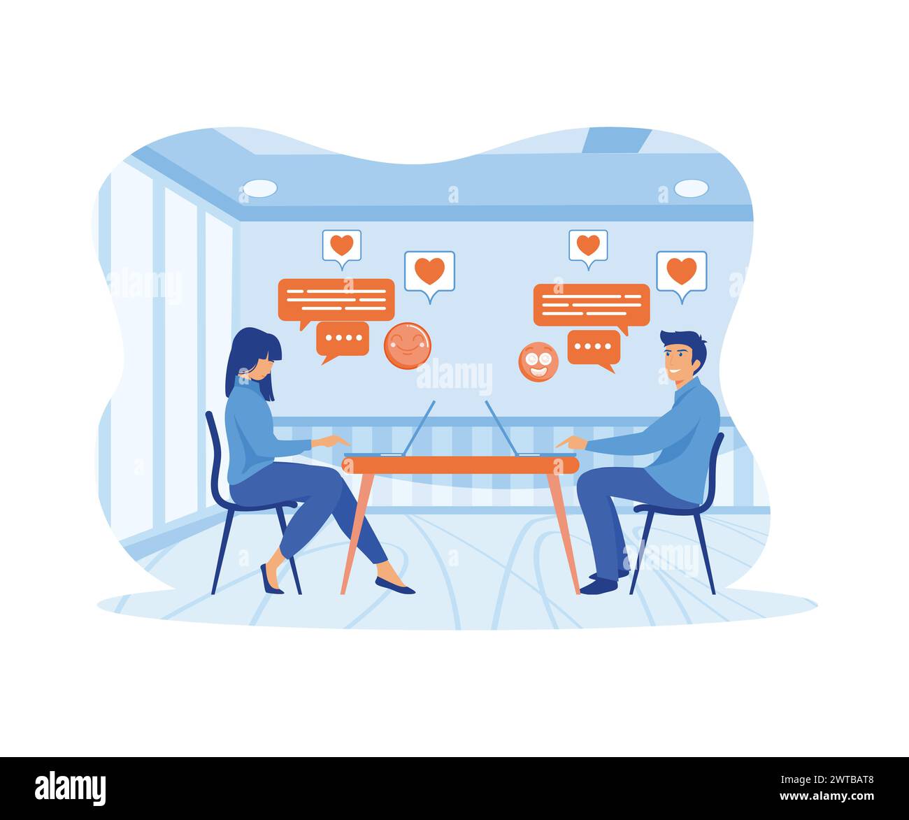 Uomo e donna seduti al computer portatile, che usano un sito di incontri e chiacchierano. Una coppia romantica che parla su Internet. illustrazione moderna vettoriale piatta Illustrazione Vettoriale